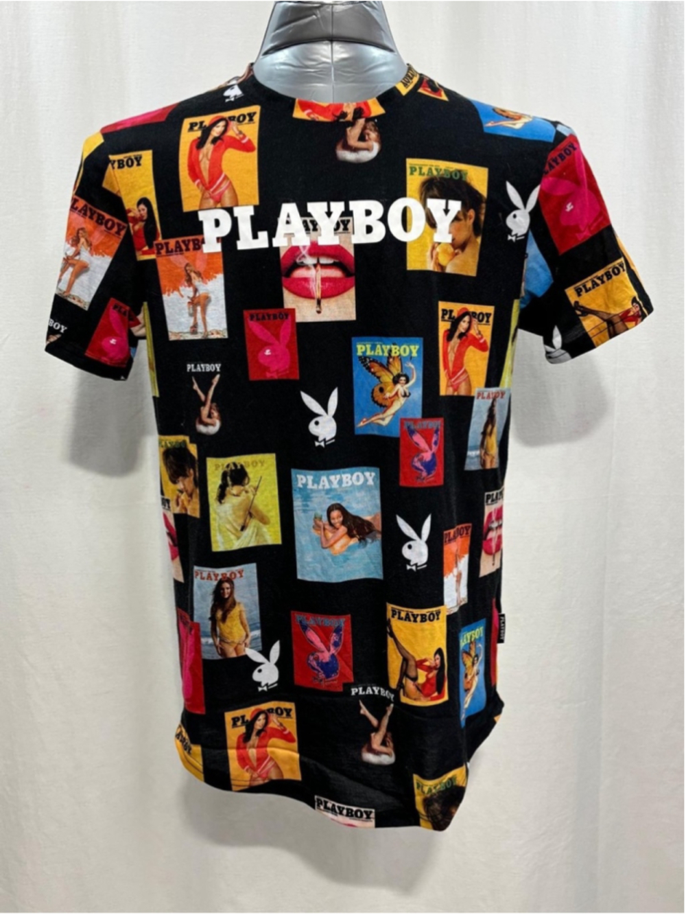 Playboy Magazine All Over Print Collage Graphic Black T-Shirt vintage Y2K 1511